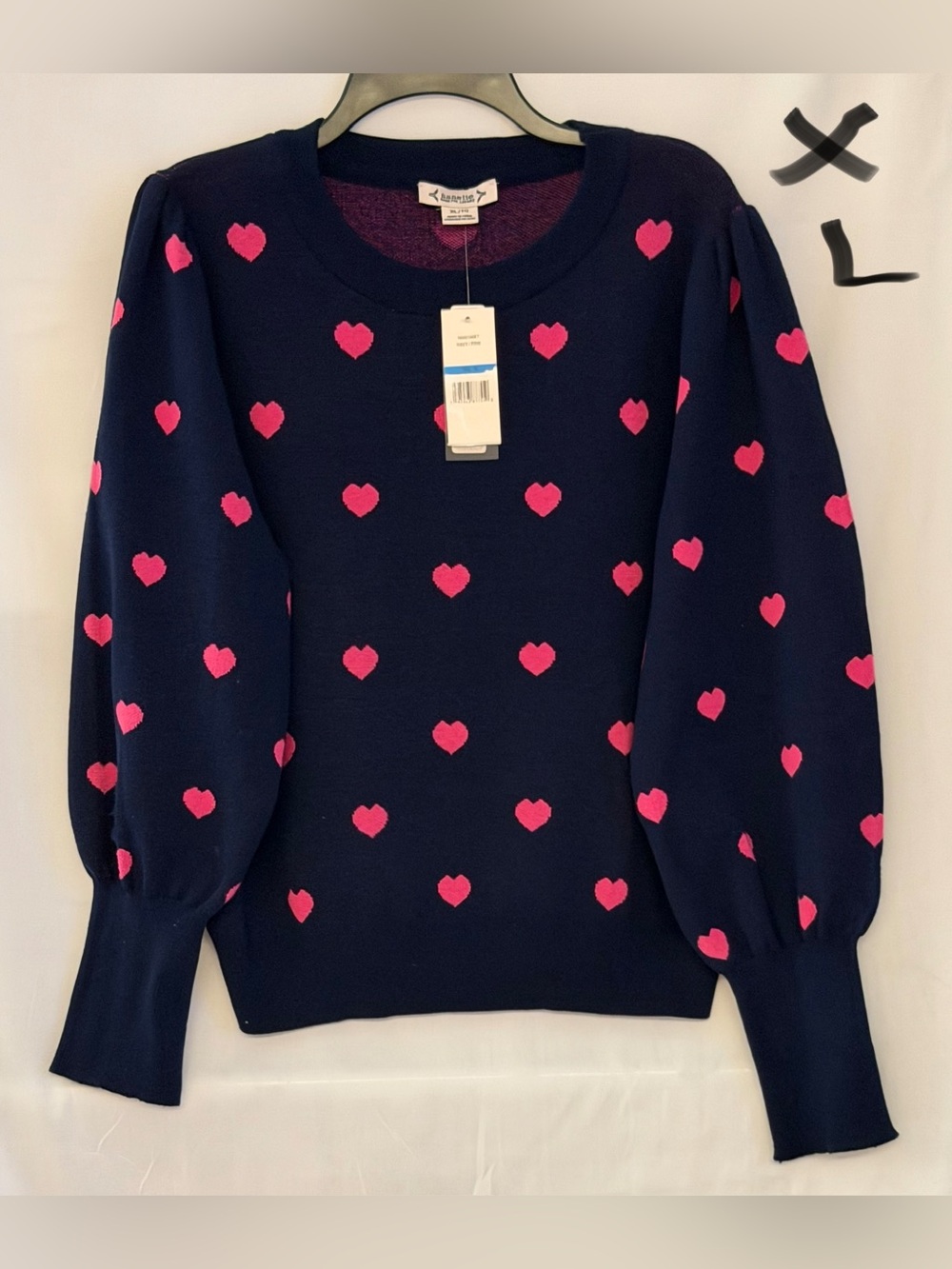 Nanette Lepore Navy Sweater with Hot Pink Heart Pattern